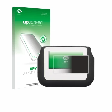 Face avant d’un emballage produit avec le logo de la marque upscreen. À côté, l’appareil Signotec Signature Pad Sigma est repr