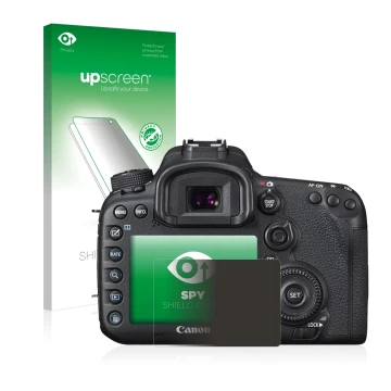 Face avant d’un emballage produit avec le logo de la marque upscreen. À côté, l’appareil Canon EOS 7D Mark II est représenté a
