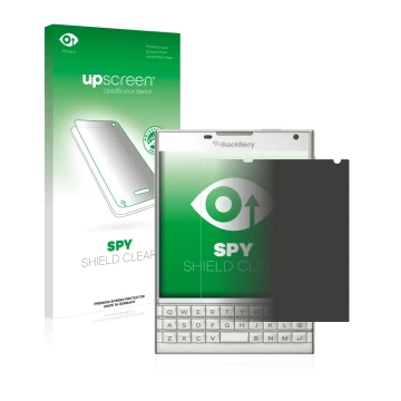 Face avant d’un emballage produit avec le logo de la marque upscreen. À côté, l’appareil BlackBerry Passport est représenté av