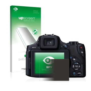 Face avant d’un emballage produit avec le logo de la marque upscreen. À côté, l’appareil Canon PowerShot SX60 HS est représent