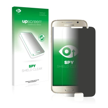 Face avant d’un emballage produit avec le logo de la marque upscreen. À côté, l’appareil Samsung Galaxy S6 est représenté avec