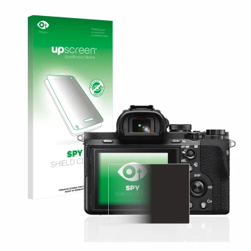 Face avant d’un emballage produit avec le logo de la marque upscreen. À côté, l’appareil Sony Alpha 7 II (ILCE-7M2) est représ