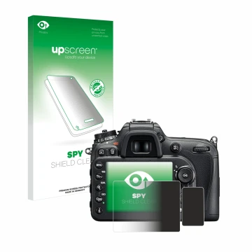 Face avant d’un emballage produit avec le logo de la marque upscreen. À côté, l’appareil Nikon D7200 est représenté avec la pr