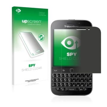 Face avant d’un emballage produit avec le logo de la marque upscreen. À côté, l’appareil Blackberry Classic Q20 est représenté