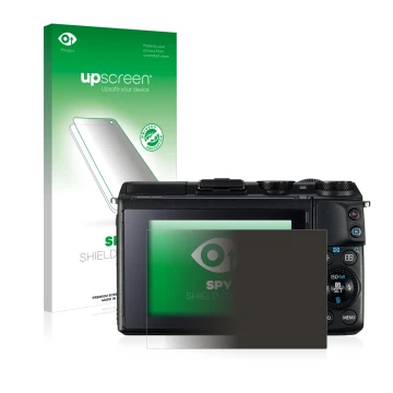 Face avant d’un emballage produit avec le logo de la marque upscreen. À côté, l’appareil Canon EOS M3 est représenté avec la p