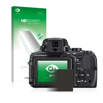 Face avant d’un emballage produit avec le logo de la marque upscreen. À côté, l’appareil Nikon Coolpix P900 est représenté ave