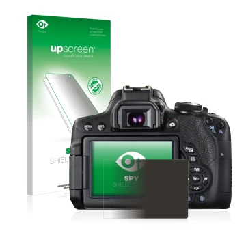 Face avant d’un emballage produit avec le logo de la marque upscreen. À côté, l’appareil Canon EOS 750D est représenté avec la