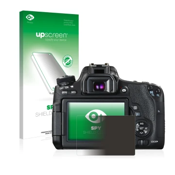 Face avant d’un emballage produit avec le logo de la marque upscreen. À côté, l’appareil Canon EOS 760D est représenté avec la