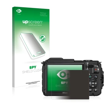 Face avant d’un emballage produit avec le logo de la marque upscreen. À côté, l’appareil Nikon Coolpix AW130 est représenté av