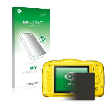 Face avant d’un emballage produit avec le logo de la marque upscreen. À côté, l’appareil Nikon Coolpix S33 est représenté avec
