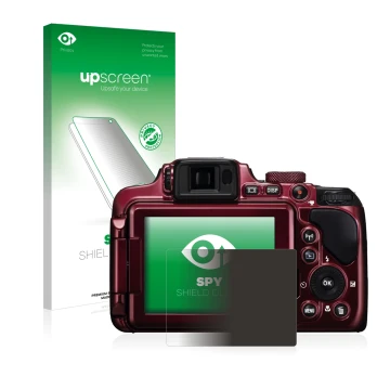 Face avant d’un emballage produit avec le logo de la marque upscreen. À côté, l’appareil Nikon Coolpix P610 est représenté ave