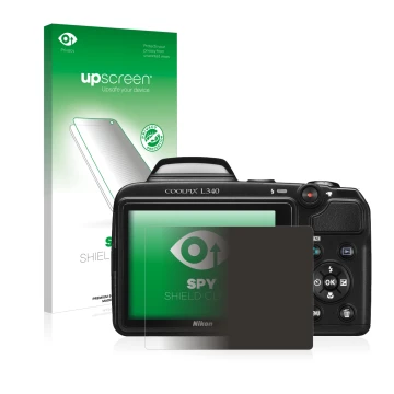 Face avant d’un emballage produit avec le logo de la marque upscreen. À côté, l’appareil Nikon Coolpix L340 est représenté ave