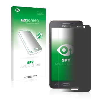 Face avant d’un emballage produit avec le logo de la marque upscreen. À côté, l’appareil Samsung Galaxy Grand Prime SM-G530FZ 
