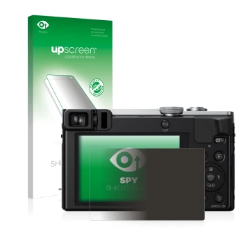 Face avant d’un emballage produit avec le logo de la marque upscreen. À côté, l’appareil Panasonic Lumix DMC-TZ70 est représen