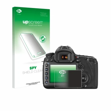 Face avant d’un emballage produit avec le logo de la marque upscreen. À côté, l’appareil Canon EOS 5DS R est représenté avec l