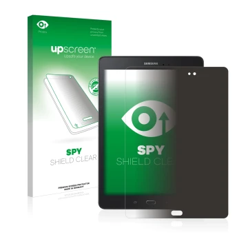 Face avant d’un emballage produit avec le logo de la marque upscreen. À côté, l’appareil Samsung Galaxy Tab A 9.7 est représen