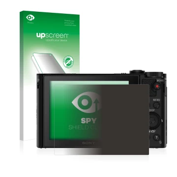 Face avant d’un emballage produit avec le logo de la marque upscreen. À côté, l’appareil Sony Cyber-Shot DSC-HX90 est représen