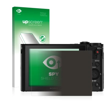 Face avant d’un emballage produit avec le logo de la marque upscreen. À côté, l’appareil Sony Cyber-Shot DSC-HX90V est représe
