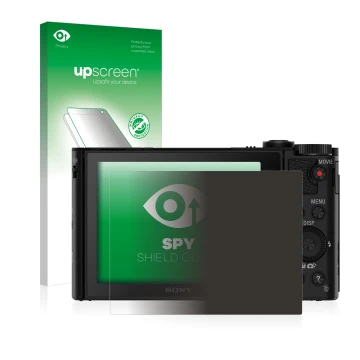 Face avant d’un emballage produit avec le logo de la marque upscreen. À côté, l’appareil Sony Cyber-Shot DSC-WX500 est représe