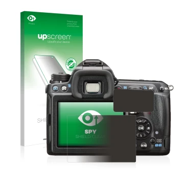 Face avant d’un emballage produit avec le logo de la marque upscreen. À côté, l’appareil Pentax K-3 II est représenté avec la 