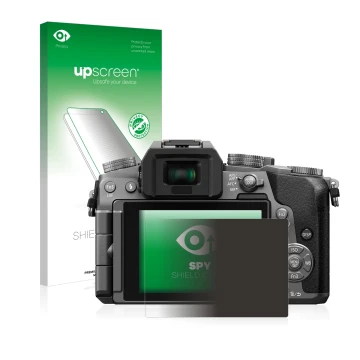 Face avant d’un emballage produit avec le logo de la marque upscreen. À côté, l’appareil Panasonic Lumix DMC-G70 est représent