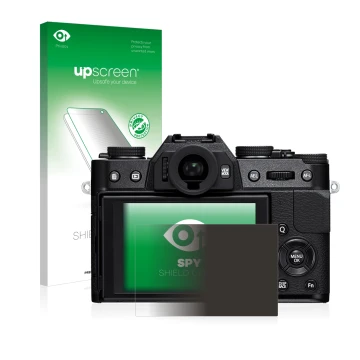 Face avant d’un emballage produit avec le logo de la marque upscreen. À côté, l’appareil Fujifilm X-T10 est représenté avec la