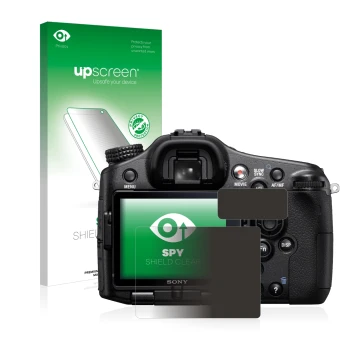 Face avant d’un emballage produit avec le logo de la marque upscreen. À côté, l’appareil Sony Alpha 77 (SLT-77) est représenté
