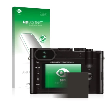 Face avant d’un emballage produit avec le logo de la marque upscreen. À côté, l’appareil Leica Q (Typ 116) est représenté avec