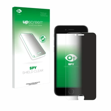 Face avant d’un emballage produit avec le logo de la marque upscreen. À côté, l’appareil Apple iPhone 6S est représenté avec l