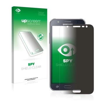 Face avant d’un emballage produit avec le logo de la marque upscreen. À côté, l’appareil Samsung Galaxy J5 2015 est représenté