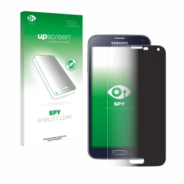 Face avant d’un emballage produit avec le logo de la marque upscreen. À côté, l’appareil Samsung Galaxy S5 Neo est représenté 