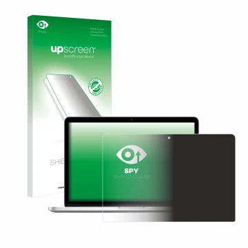 Face avant d’un emballage produit avec le logo de la marque upscreen. À côté, l’appareil Apple MacBook Retina Pro 13