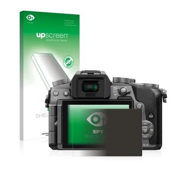 Face avant d’un emballage produit avec le logo de la marque upscreen. À côté, l’appareil Panasonic Lumix DMC-G7 est représenté