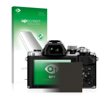 Face avant d’un emballage produit avec le logo de la marque upscreen. À côté, l’appareil Olympus OM-D E-M10 Mark II est représ