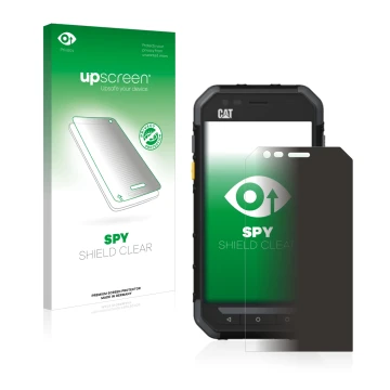 Face avant d’un emballage produit avec le logo de la marque upscreen. À côté, l’appareil Caterpillar Cat S30 est représenté av