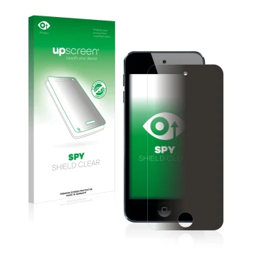 Face avant d’un emballage produit avec le logo de la marque upscreen. À côté, l’appareil Apple iPod Touch (6ème Gen.) est repr