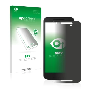 Face avant d’un emballage produit avec le logo de la marque upscreen. À côté, l’appareil Google Nexus 5X est représenté avec l