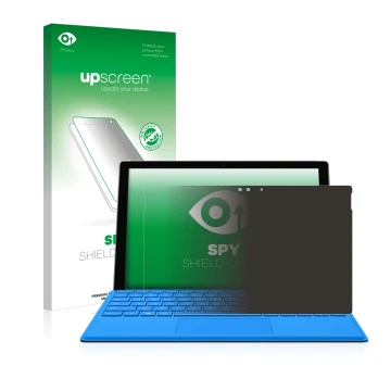 Face avant d’un emballage produit avec le logo de la marque upscreen. À côté, l’appareil Microsoft Surface Pro 4 est représent