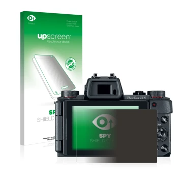 Face avant d’un emballage produit avec le logo de la marque upscreen. À côté, l’appareil Canon PowerShot G5 X est représenté a