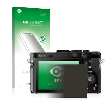 Face avant d’un emballage produit avec le logo de la marque upscreen. À côté, l’appareil Sony Cyber-Shot DSC-RX1R II est repré