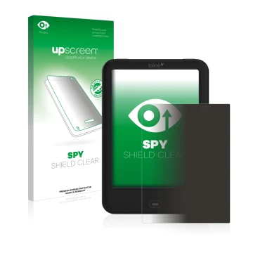 Face avant d’un emballage produit avec le logo de la marque upscreen. À côté, l’appareil Tolino Shine 2 HD est représenté avec