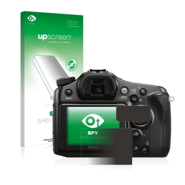 Face avant d’un emballage produit avec le logo de la marque upscreen. À côté, l’appareil Sony Alpha 68 est représenté avec la 