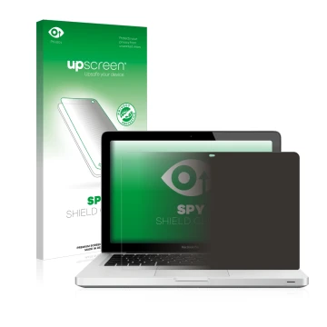 Face avant d’un emballage produit avec le logo de la marque upscreen. À côté, l’appareil Apple MacBook Pro 13