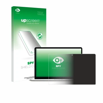 Face avant d’un emballage produit avec le logo de la marque upscreen. À côté, l’appareil Apple MacBook Pro Retina 15