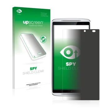 Face avant d’un emballage produit avec le logo de la marque upscreen. À côté, l’appareil Lenovo Vibe X3 (caméra à droite uniqu