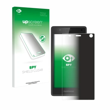 Face avant d’un emballage produit avec le logo de la marque upscreen. À côté, l’appareil Fairphone 2 est représenté avec la pr