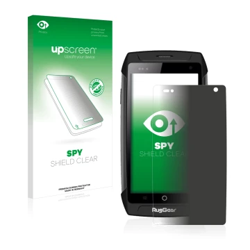 Face avant d’un emballage produit avec le logo de la marque upscreen. À côté, l’appareil RugGear RG730 est représenté avec la 