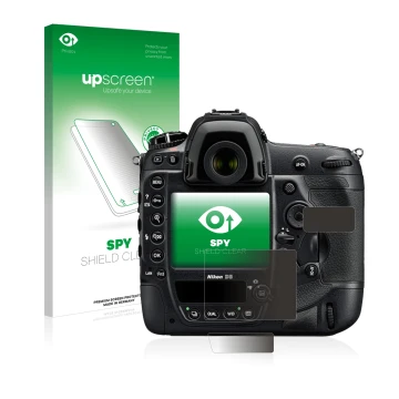 Face avant d’un emballage produit avec le logo de la marque upscreen. À côté, l’appareil Nikon D5 est représenté avec la prote
