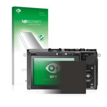 Face avant d’un emballage produit avec le logo de la marque upscreen. À côté, l’appareil Fujifilm FinePix X70 est représenté a