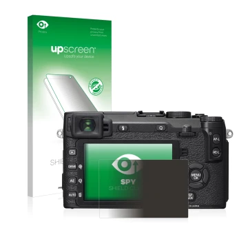 Face avant d’un emballage produit avec le logo de la marque upscreen. À côté, l’appareil Fujifilm X-E2S est représenté avec la